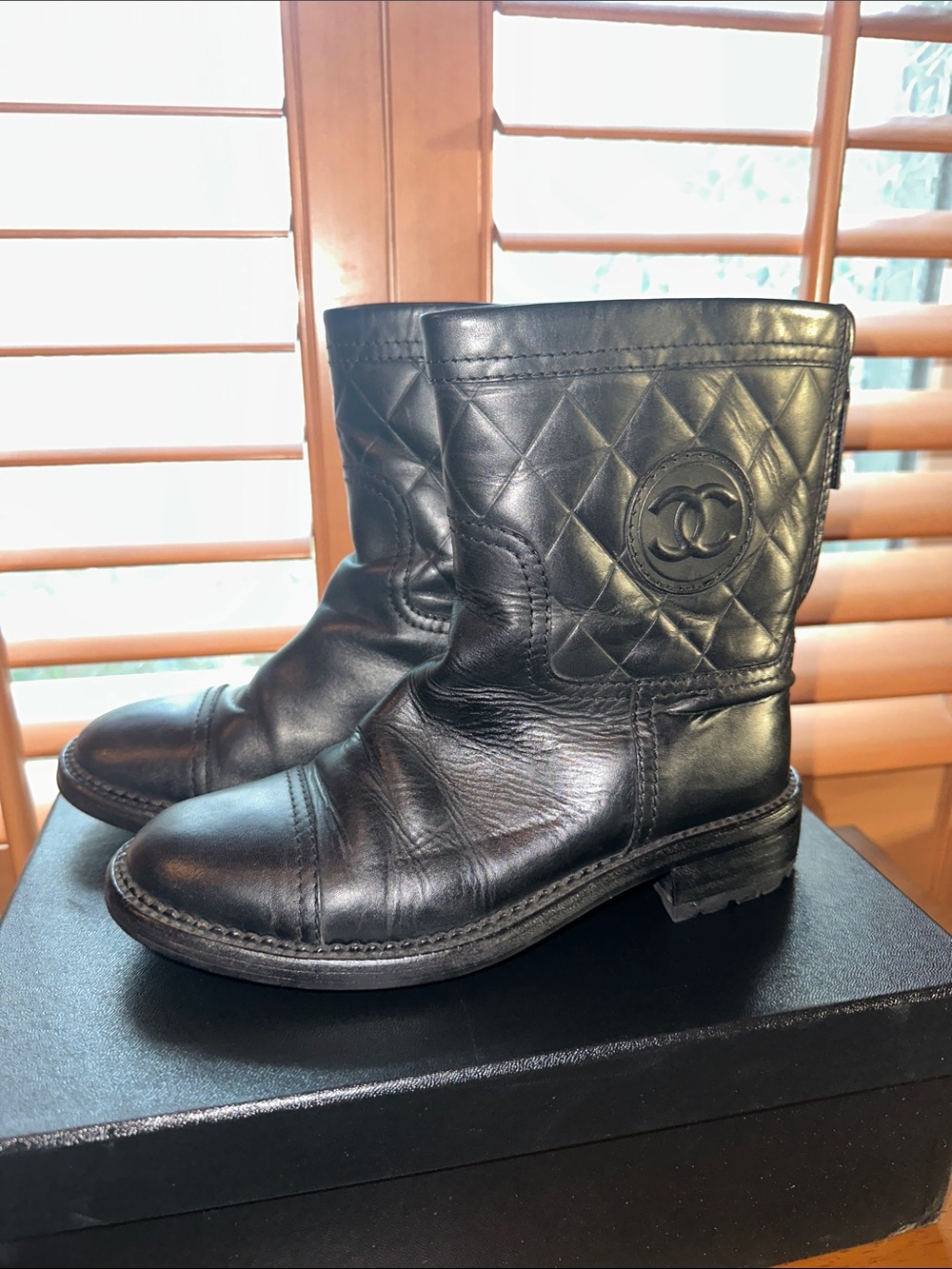 CHANEL Black Quilted CC Leather Mid-Calf Boots